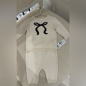 🦢 3 Mth Knit Ivory Baby Outfit with Black Bow Detail & Swiss Dot Pants NWT